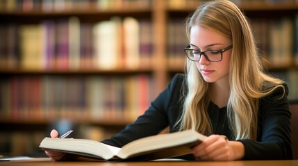 Poster - Young Woman Reading a Book in a Library