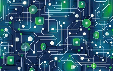 Fototapete - Abstract digital circuit design showcasing interconnected nodes and paths in vibrant blue and green tones