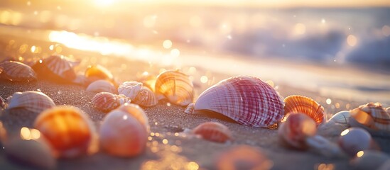 Wall Mural - Colorful seashells scattered along a sunlit beach glistening in the soft glow of the afternoon sun