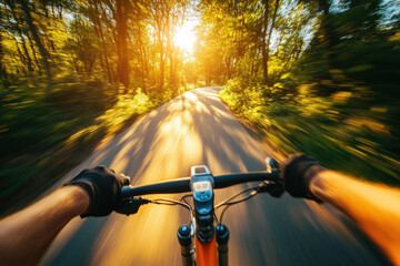 Person riding bike down road under blue sky with green trees lining the path.