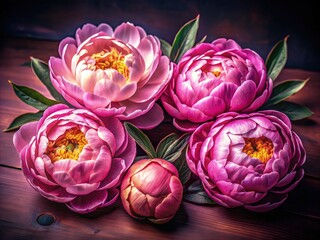 Poster - Beautiful arrangement of yellow and pink peonies in varying sizes on a wooden table. Generative AI