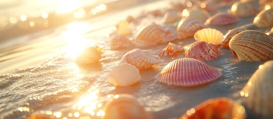 Wall Mural - Colorful seashells scattered along a sunlit beach glistening in the soft glow of the afternoon sun