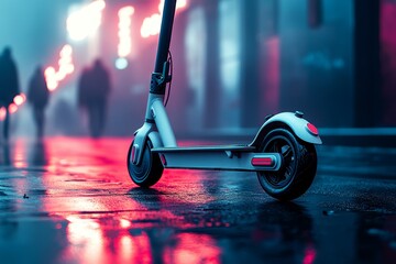 A closeup view of a modern e-scooter parked on a wet urban street illuminated by colorful neon lights during a rainy night, showcasing contemporary lifestyle trends in mobility