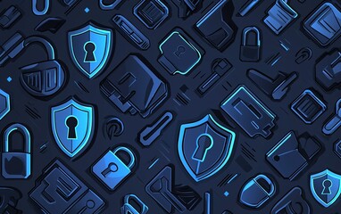 Poster - Colorful digital pattern featuring shields and locks representing security concepts in a modern design