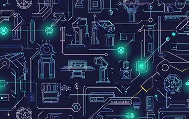 Poster - Futuristic technology blueprint featuring robotic arms and interconnected circuits in a digital design