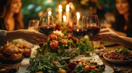 Group of friends toasting with red wine at a candlelit dinner surrounded by a bountiful feast.