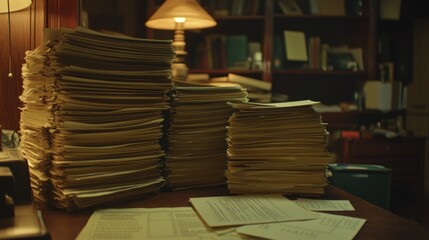 Poster - Three Stacks of Paper Documents on a Desk in a Dimly Lit Room