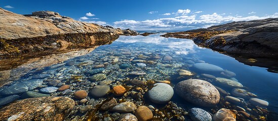 Wall Mural - Crystal-clear tide pools reflecting the sky filled with small marine life and smooth stones on a rocky beach