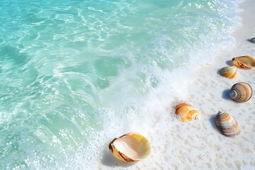 Wall Mural - Crystal-clear turquoise waves gently washing over white sand with sun-drenched shells scattered across the shore