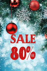 Christmas 80% sale banner template featuring festive graphics like snowflakes, ornaments, and a discount offer. Vibrant colors create a cheerful holiday theme to attract customers.