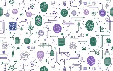 Poster - Colorful digital illustration of abstract neural networks and scientific symbols on a white background representing advanced technology concepts