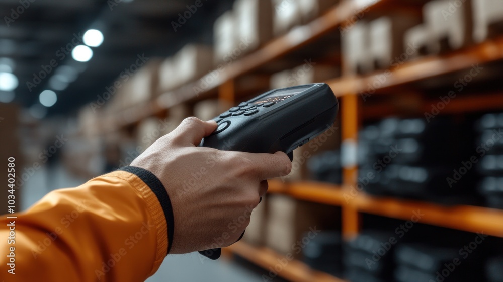 Warehouse worker using a barcode scanner to track inventory ...