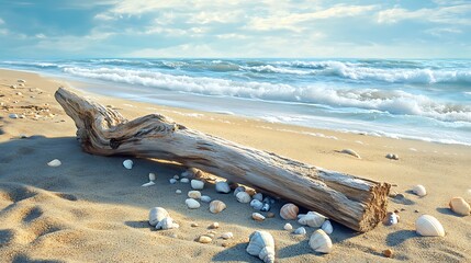 Wall Mural - Driftwood resting on a sandy beach surrounded by small stones and shells with the ocean waves rolling in the distance
