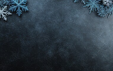 Decorative blue snowflakes arranged on a dark textured surface, creating a festive winter atmosphere suitable for holiday decor