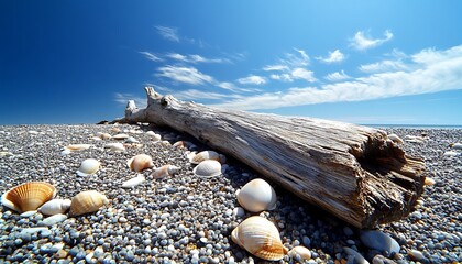 Wall Mural - Driftwood resting on the shoreline surrounded by tiny seashells and smooth stones under a cloudless sky