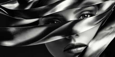 Wall Mural - Elegant black and white portrait with flowing silk and intense gaze