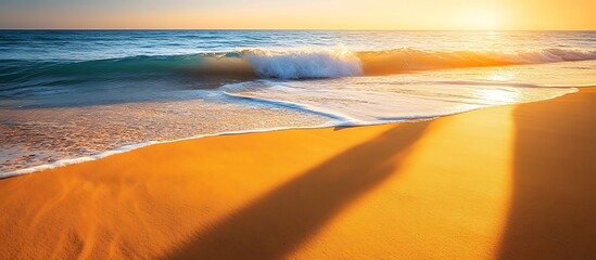 Wall Mural - golden beach at sunrise with soft waves crashing onto the shore casting long shadows across the sand