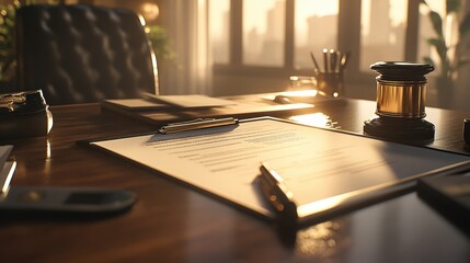 Poster - Legal Documents and Gavel on a Wooden Desk in a Sunlit Office