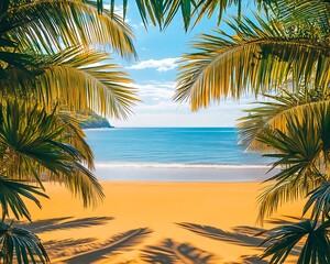 Wall Mural - palm trees framing a stunning view of the ocean their long shadows stretching across the golden sand