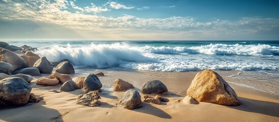 Wall Mural - Rocks scattered along the edge of a sandy beach with waves crashing gently against them under a bright sky