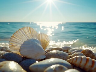 Wall Mural - Seashells and pebbles washed up on the shore glistening in the bright afternoon sun with the ocean behind them