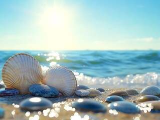 Wall Mural - Seashells and pebbles washed up on the shore glistening in the bright afternoon sun with the ocean behind them
