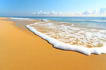 Wall Mural - smooth golden sand stretching out towards the ocean with gentle waves creating foam patterns along t