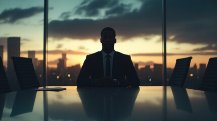 Poster - Silhouette of a Businessman Sitting at a Conference Table Against a City Skyline at Sunset