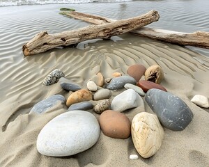 Wall Mural - Smooth stones and driftwood scattered along the shore as the tide recedes leaving behind ripples in the sand