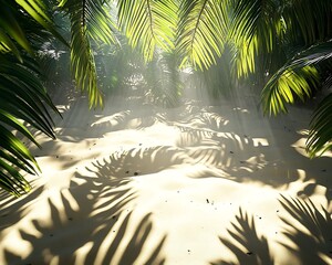 Wall Mural - Sunlight filtering through palm leaves onto the sandy beach below casting intricate shadows across the ground