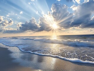 Wall Mural - sunlight filtering through the clouds casting beams of light onto a calm beach with gentle waves lap
