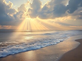 Wall Mural - sunlight filtering through the clouds casting beams of light onto a calm beach with gentle waves lap
