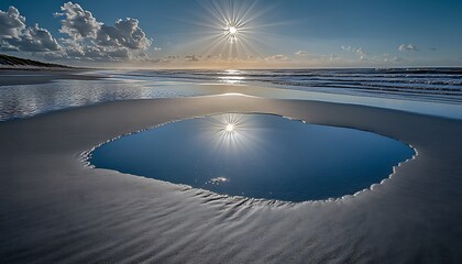 Wall Mural - Sunlight glistening off the wet sand as the waves retreat leaving behind small pools of water reflecting the sky