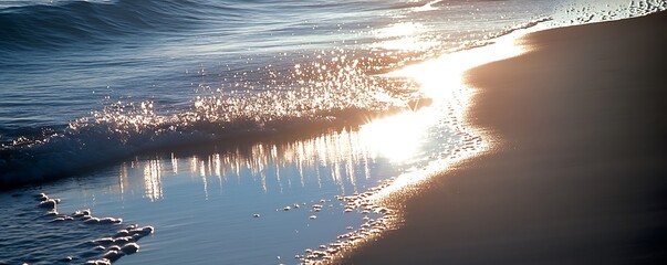Wall Mural - Sunlight reflecting off the wet sand as gentle waves lap against the shore creating a shimmering peaceful scene