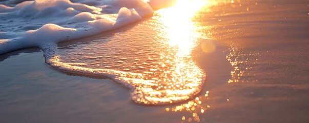 Wall Mural - Sunlight reflecting off wet sand as a gentle wave retreats leaving behind a glistening trail of foam
