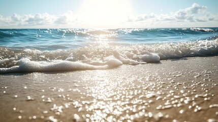 Wall Mural - Sunlight sparkling on the surface of the ocean as waves gently roll towards a pristine sandy beach