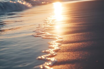 Wall Mural - The soft glow of the setting sun reflecting off wet sand as gentle waves wash ashore creating a peaceful scene