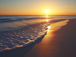 Wall Mural - The sun dipping below the horizon casting long shadows on the beach as the waves gently roll onto the shore