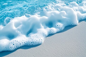Wall Mural - Vibrant blue water washing up against the shore leaving behind delicate foam patterns on the sand