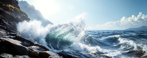 Wall Mural - waves crashing against a rocky shoreline sending sprays of water high into the air with a bright cle