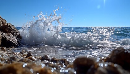 Wall Mural - Waves crashing gently against a rocky shoreline with sea spray catching the sunlight under a clear blue sky