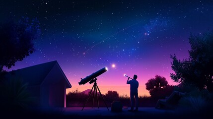 Wall Mural - stargazing at twilight with a telescope in a tranquil rural setting