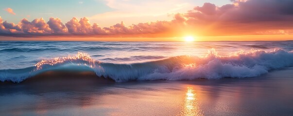 Wall Mural - waves gently breaking on the shore as the sun sets with the colors of the sky reflected on the wet s