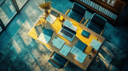 Poster - An Overhead View of a Modern Office Desk with Papers and a Laptop