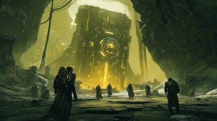 Poster - Figures Approach a Glowing, Futuristic Structure in a Desolate Landscape