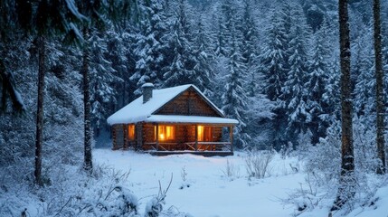 A cozy cabin nestled in a snowy forest