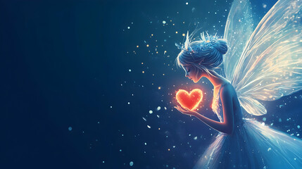 Illustration of a fairy with a glowing heart against a dark blue background, featuring detailed light effects   