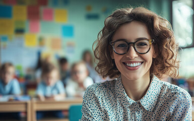 Female Teacher smiling with students in background inside classroom