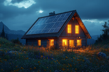 Poster - a house illuminated by solar panels during a blackout, representing self-sufficiency in energy. conc