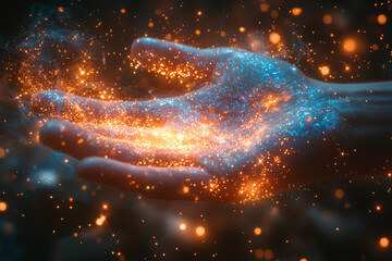 Wall Mural - a hand planting stars in the sky like seeds, symbolizing the creation of the universe. concept of co
